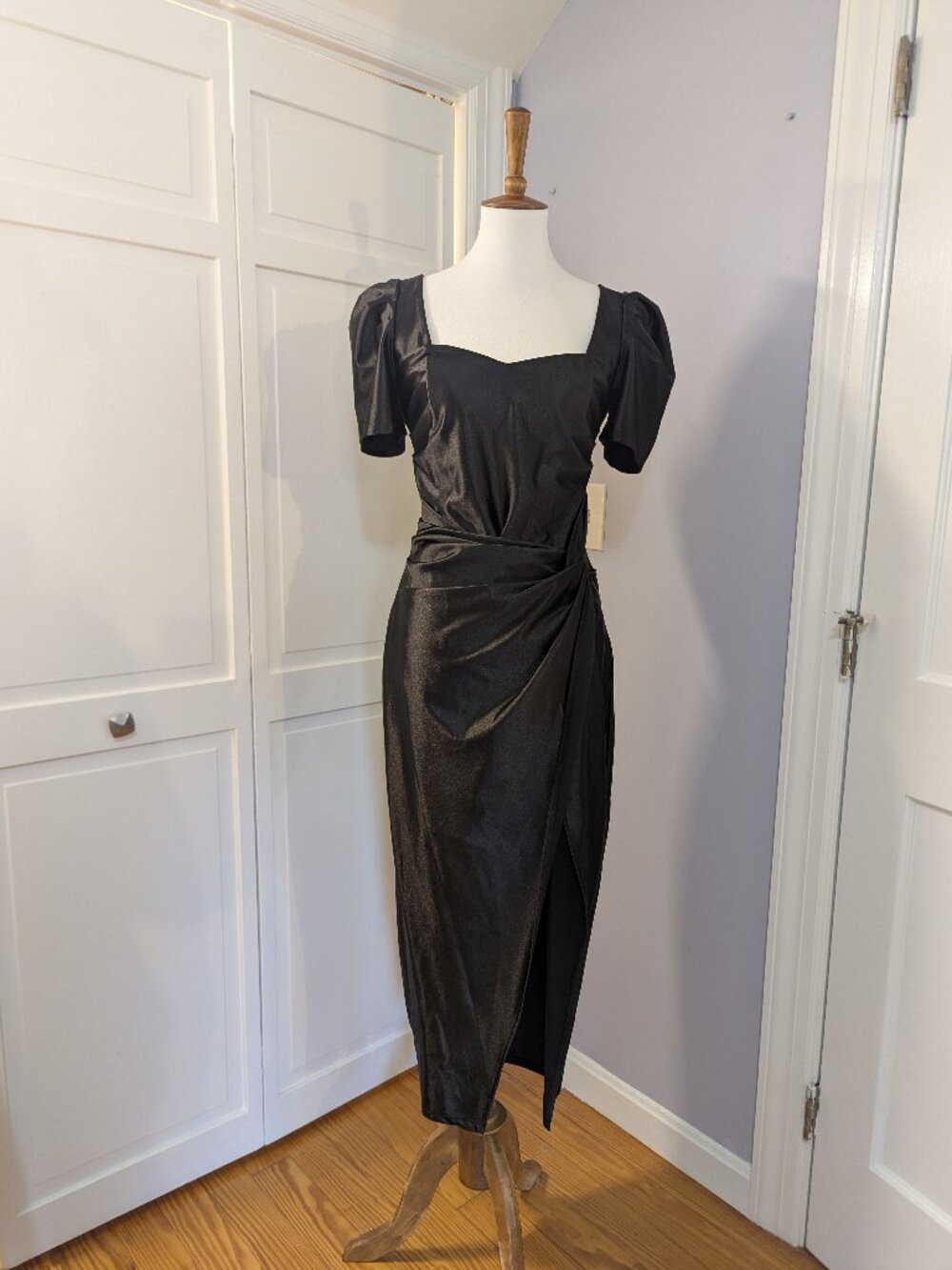 Express Satin Sweetheart Short Sleeve Asymmetric Faux Wrap Dress